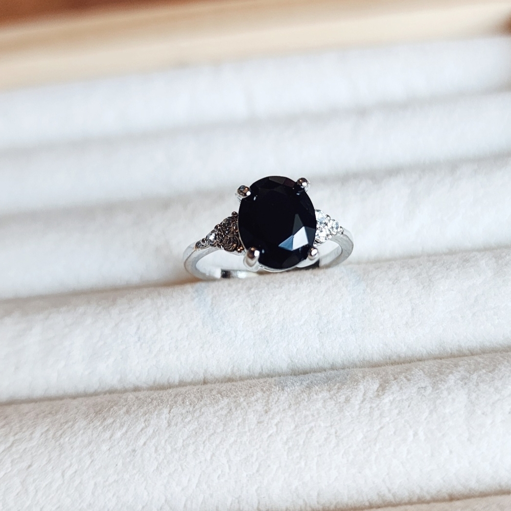 Silver Black Stone Oval Ring w/ Rhinestones Goth Vintage Style Statement Ring